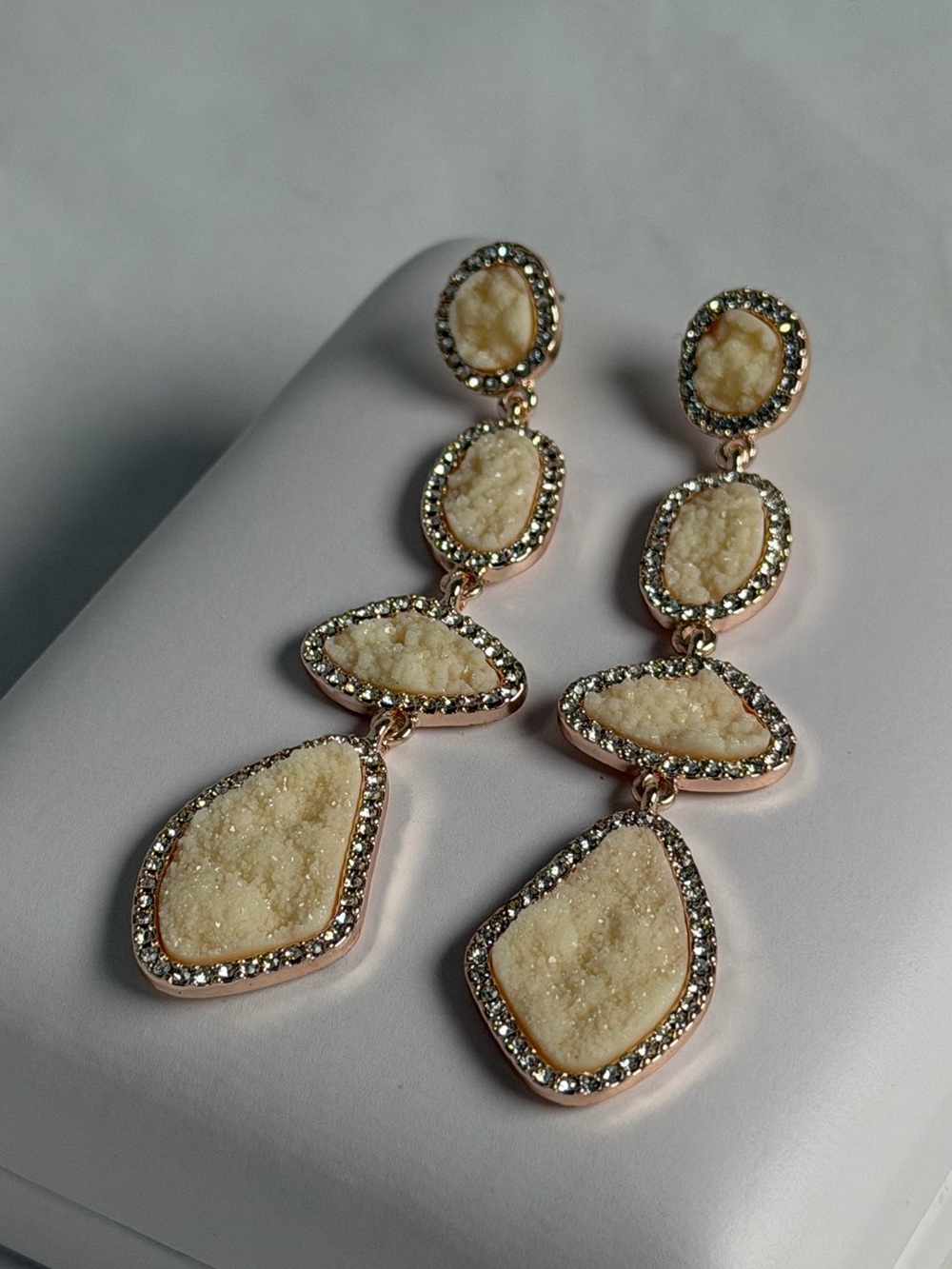 Rose Gold Ivory Drusy Tiered Statement Drop Earrings Sparkle Crystal Halo⁠